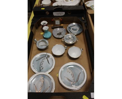 A TRAY OF CONTINENTAL CERAMICS WITH SILVER INLAY