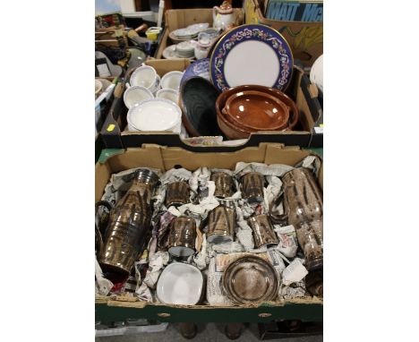 TWO TRAYS OF CERAMICS AND STONEWARE to include a Spode cake plate