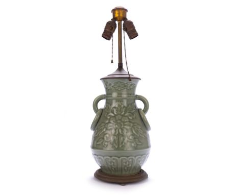 Chinese decorated celadon relief vase with loop  handles, now as a lamp. H:21.5in(54.6cm) W:7.5in(19cm)