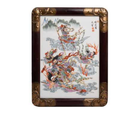 Chinese porcelain plaque in gilt wood frame,  Monkey King H:16.5in(41.9cm) W:12.5in(31.7cm)