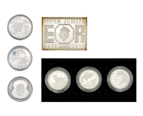 A collection of various silver proof coins and issues. To include a 1977 Silver Jubilee 925 silver stamp and first day cover,