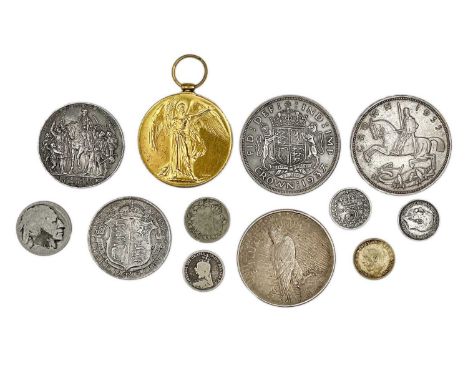 A selection of GB silver coinage, a 1923 USA dollar, a 1913 Drei Mark and a WWI Great War Medal. To include a 1935 'rocking h