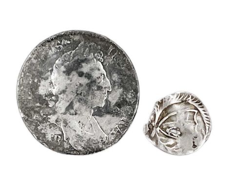 A Commonwealth hammered silver penny. S.3222, holed; together with a William III shilling, Bristol mint, S.3498 (2)