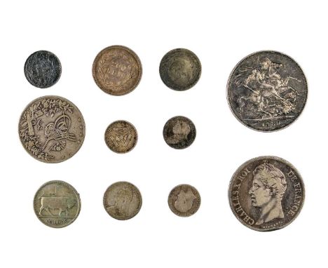 World Coinage including Silver Medallions Comprising:

A bag of silver coinage including 1889 crown, 1827B France 5 Franc (e.