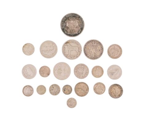 A selection of foreign and commonwealth silver and half silver coinage. To include a Deutsches Reich 1903 Funf Mark; an Eire 