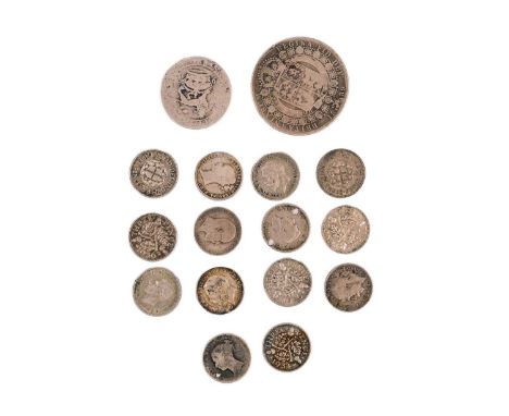 A selection of GB silver coinage. To include a Victoria 1889 halfcrown, jubilee bust; a 1915 one shilling; 5 x 3 pence full s