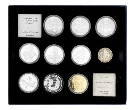 A collection of nine silver proof £5 coins and a George V 1915 half crown. Five are VC Winners issues, all 2006; a Lest We Fo