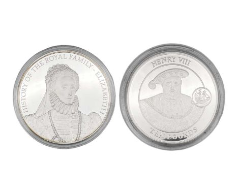 Two 5oz silver proof coins 'History of the Royal Family' - Elizabeth I and Henry VIII. One is a Cook Islands $25 2008, the ot