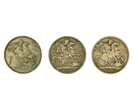 Three Victoria silver crown coins. Including an 1892 Jubilee head, and an 1893 and an 1895 veiled head crown.