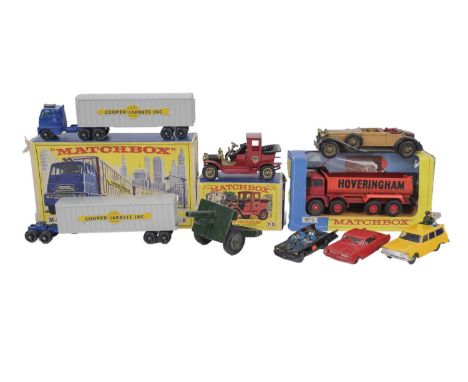 A Matchbox M-9 diecast Inter State Double Freight. Together with a Matchbox K-1 Fodden Tipper Truck, Matchbox Y-11 1912 Packa
