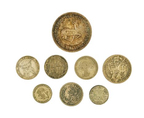 A George VI South Africa 5 Shilling coin, together with GB silver coinage. .500 silver, VF. The silver coins including an 188