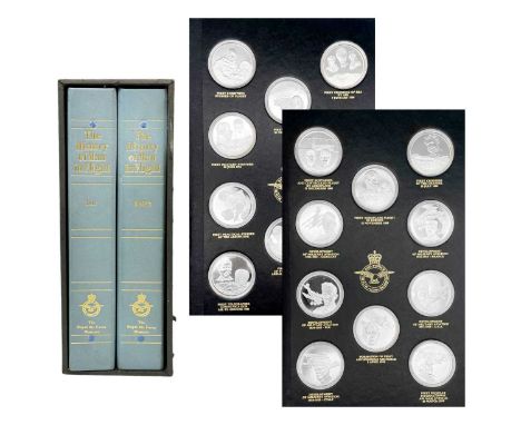 A History of Man in Flight for the Royal Airforce Museum - a set of 50 silver medals. By John Pinches, hallmarked London 1972