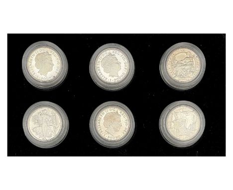 The Royal Mint United Kingdom 2007 Britannia 20th Anniversary silver proof one pound collection. Six coins, each 16.22g .958 