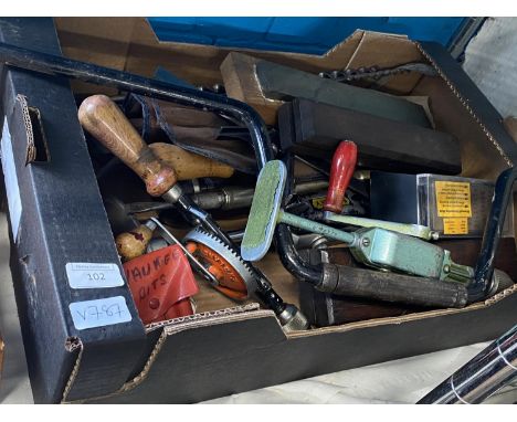 A box full of assorted vintage woodworking tools and accesories 
