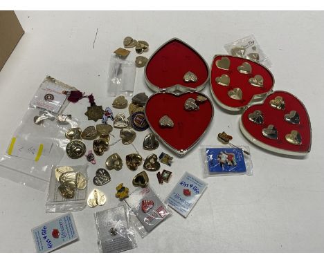 A selection of assorted enamel pin badges and Royal Variety badges with cases. 