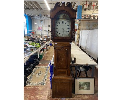 A early Victorian antique long case clock with enamel dial by D.Bowen, Alfreton, with weights chain and pendulum (not running