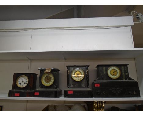 A group of Victorian black slate and marble cased mantle clocks to include a Henry Marc, Paris 8 day clock with Japy Freres m