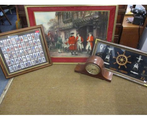 Framed Players cigarette cards 'History of Naval Dress' circa 1929, together with mounted Naval miniature mementos, framed, a