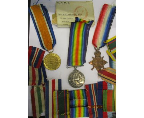 A group of three WWI medals to 3381 Pte. L Griggs Middx R, along with additional ribbons Location: Cab 