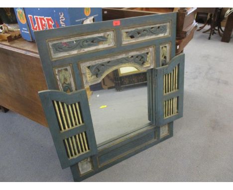 A Continental painted mirror disguised as a shutter, with fretwork surround, in green shades 90cm h x 80cm w Location: A1 