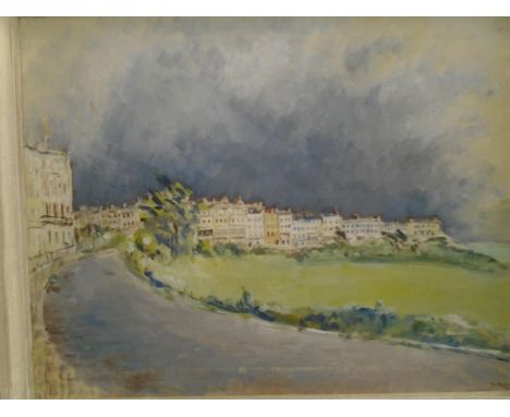 Hon. Maud Katherine Alicia Cecil, nee Steel (British fl 1934 - d 1981) - Dark clouds over a city street scene, oil on canvas,
