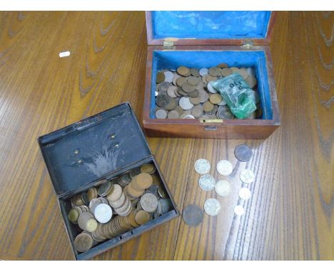 A Victorian mahogany box and a metal cash tin containing mainly British coinage from first half of the 20th century to includ