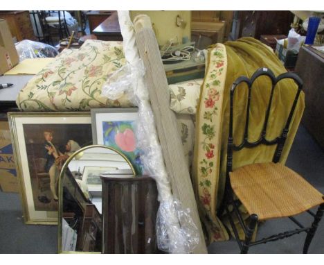 A mixed lot comprising an early 20th century ebonized occasional chair with rattan seat, together with two bolts of 20th cent