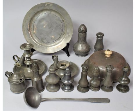 A Collection of Various Pewter Items to comprise Pepper and Mustards, Sugar Sifter, Plate, Cover, Two Bed Chamber Sticks, Lad