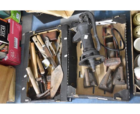 Two Boxes of Vintage Tools, Water Pump, Flat Irons etc 