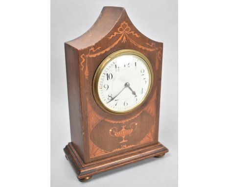 An Edwardian Inlaid Mahogany Mantle Clock In Working Order and with Key, 25cm high, Some Veneer Loss to Top 