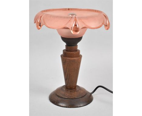 An Edwardian Oak Table Lamp with Pink Glass Shade, 24cm High and 20cm Diameter 