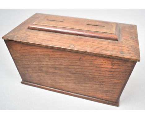 A 19th Century Oak Sarcophagus Tea Caddy Now Converted to Two Division Money Box, Missing Ball Feet, 24cm Wide 