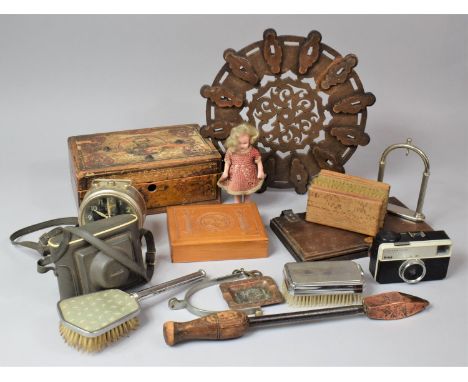 A Collection of Vintage Sundries to Include Camera, Hairbrushes, Wooden Work Boxes, Tie press, Alarm Clock etc 