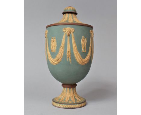 A Late 19th Century Walker and Co. Light Blue Jasperware and Terracotta Vase with Classical Rams Head and Swag Decoration, Ni