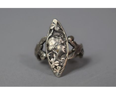 An Early 20th Century French Art Nouveau Silver Ring with Belle Epoque Maiden to Lozenge 