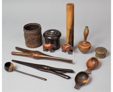 A Collection of Vintage Treen to Include Darning Tool, Glove Stretchers, Cylindrical Needle Case, Hardwood Dressing Table Pot