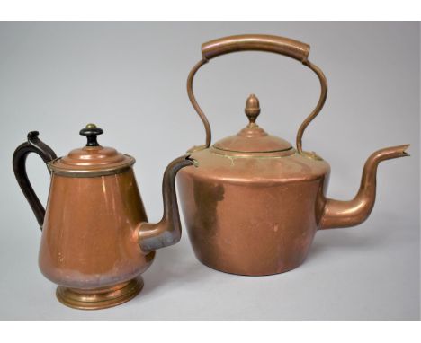 A Large Copper Kettle with Acorn Finial Together with a Copper Coffee Pot 