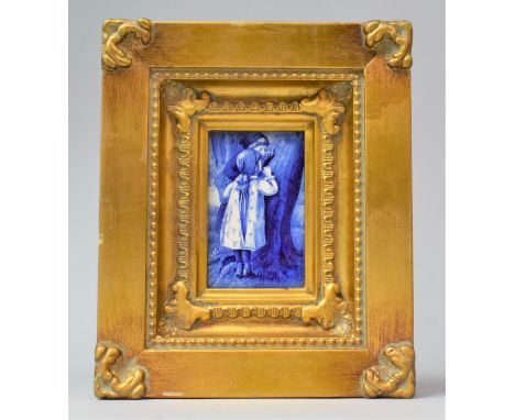 A Gilt Framed Blue and White Ceramic Tile Depicting Children Beside Tree, Ceramic Plaque 10cm x 6cm 