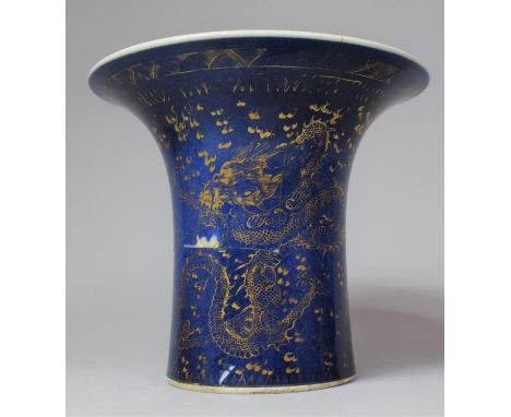 An 18th/19th Century Porcelain Chinese Powder Blue and Gilt Decorated Vase of Flared Form Decorated with Dragons Chasing Flam