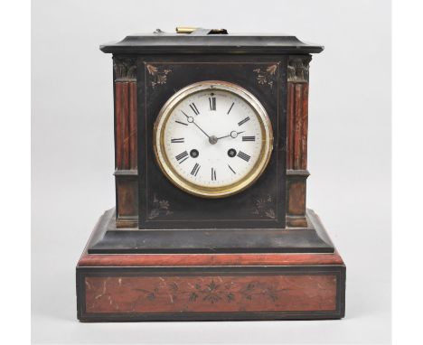 A Late 19th Century French Black Slate and Marble Clock of Architectural Form, 8 day Movement in Working Order Complete with 