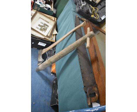 A Rustic Dibber, Axe and Cross Cut Saw 