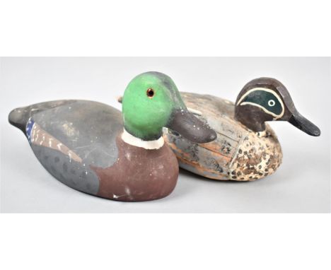 Two Vintage Decoy Ducks, One Carved and Painted Wooden Example Inscribed to Base "Drake Mallard 2 M.GR" and the Other Painted
