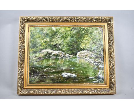 A Gilt Framed Oil on Canvas Depicting River and Trees, Signed M J Brannan, 43x34cm 