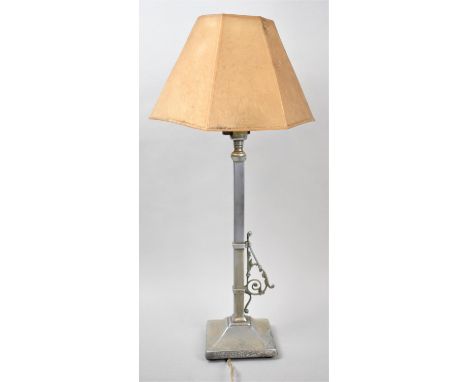 An Edwardian Chromed table Lamp, On Square Base, Complete with Shade, 47cm high 