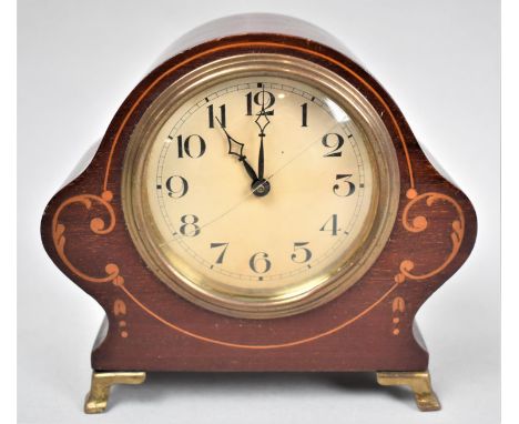 An Edwardian Inlaid Mahogany Mantle Clock with Ormolu Bezel and Ogee Bracket Feet, Working Order, 15cm high 