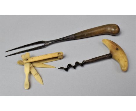 A Vintage Horn Handled Corkscrew, Multitool Manicure Set and Pistol Grip Two Pronged Fork