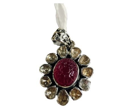STUNNING CARVED RUBY &amp; OLD CUT DIAMOND PENDANT 