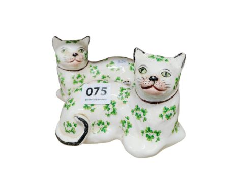 PAIR OF VICTORIAN WEMYSS STYLE CATS DECORATED WITH SHAMROCKS