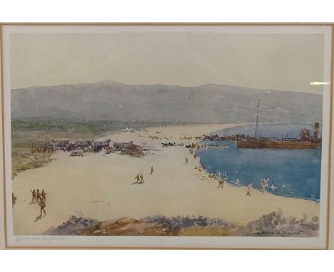 Norman Wilkinson, a beach scene, print, signed in pencil, 25 x 38 cm, a print of a couple, 29 x 49 cm, study of a garden, cha