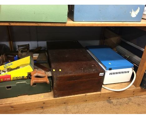 Shelf of tools, including tool box and camping stove